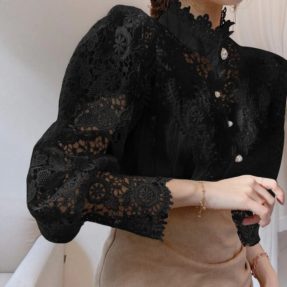 Women’s Elegant Lace Trim Shirts Casual Victorian Blouse Long Sleeve Button Down Tops