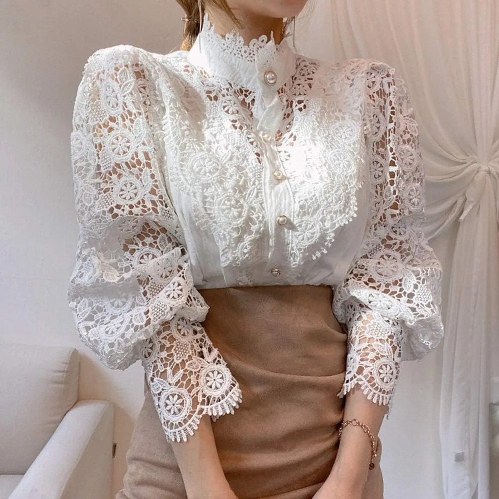 Women’s Elegant Lace Trim Shirts Casual Victorian Blouse Long Sleeve Button Down Tops