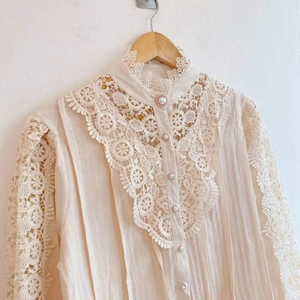 Women’s Elegant Lace Trim Shirts Casual Victorian Blouse Long Sleeve Button Down Tops