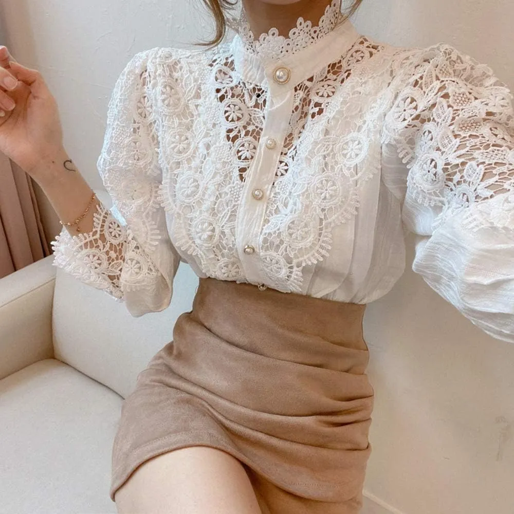 Women’s Elegant Lace Trim Shirts Casual Victorian Blouse Long Sleeve Button Down Tops