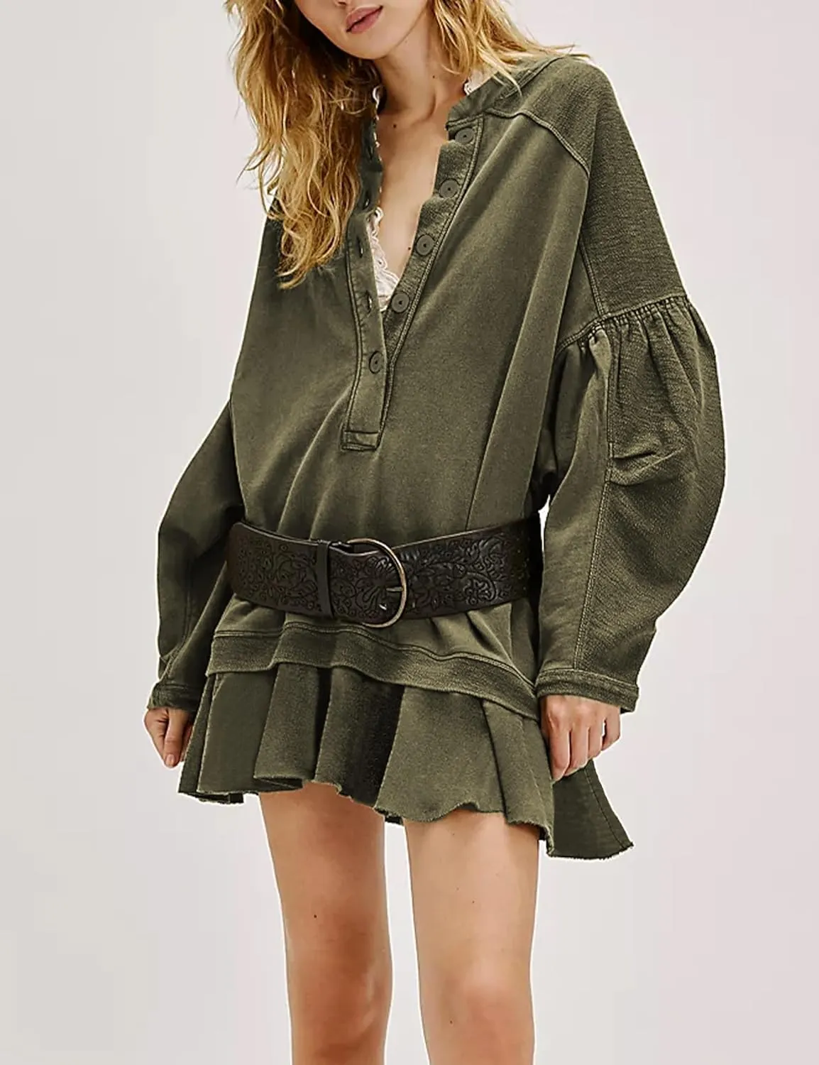 Womens Long Sleeve Pullover Sweatshirt Dress Button Down Oversize Fall Mini Dress