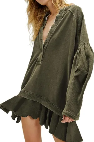 Womens Long Sleeve Pullover Sweatshirt Dress Button Down Oversize Fall Mini Dress