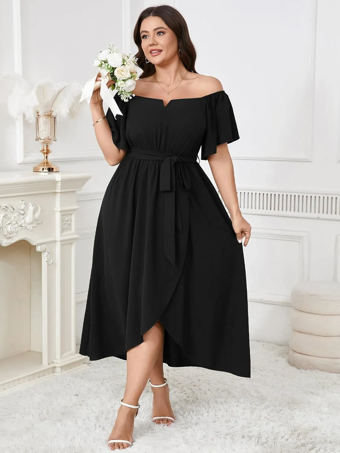Women's Plus Size Maxi Dress Short Sleeve Square Neck Flowy A Line Wedding Guest Cocktail Long Dress