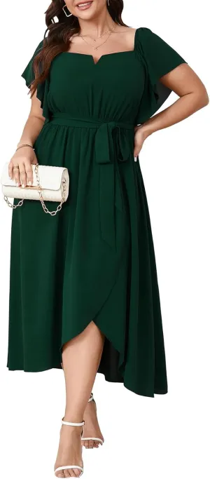 Women's Plus Size Maxi Dress Short Sleeve Square Neck Flowy A Line Wedding Guest Cocktail Long Dress