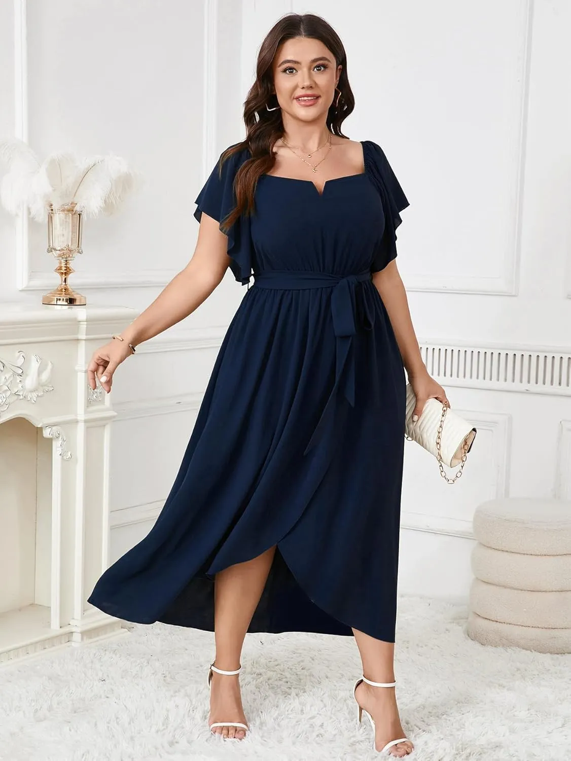 Women's Plus Size Maxi Dress Short Sleeve Square Neck Flowy A Line Wedding Guest Cocktail Long Dress