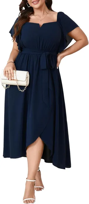 Women's Plus Size Maxi Dress Short Sleeve Square Neck Flowy A Line Wedding Guest Cocktail Long Dress