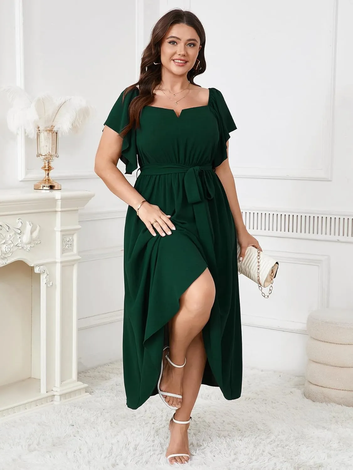 Women's Plus Size Maxi Dress Short Sleeve Square Neck Flowy A Line Wedding Guest Cocktail Long Dress
