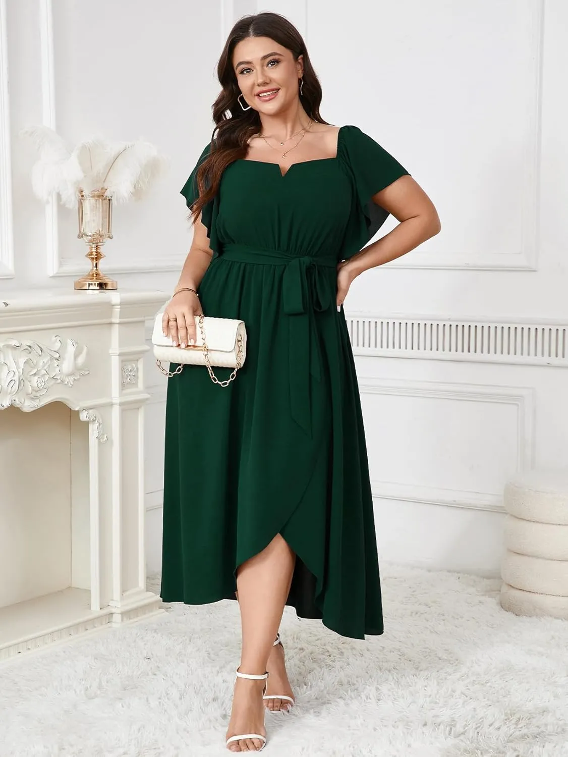 Women's Plus Size Maxi Dress Short Sleeve Square Neck Flowy A Line Wedding Guest Cocktail Long Dress