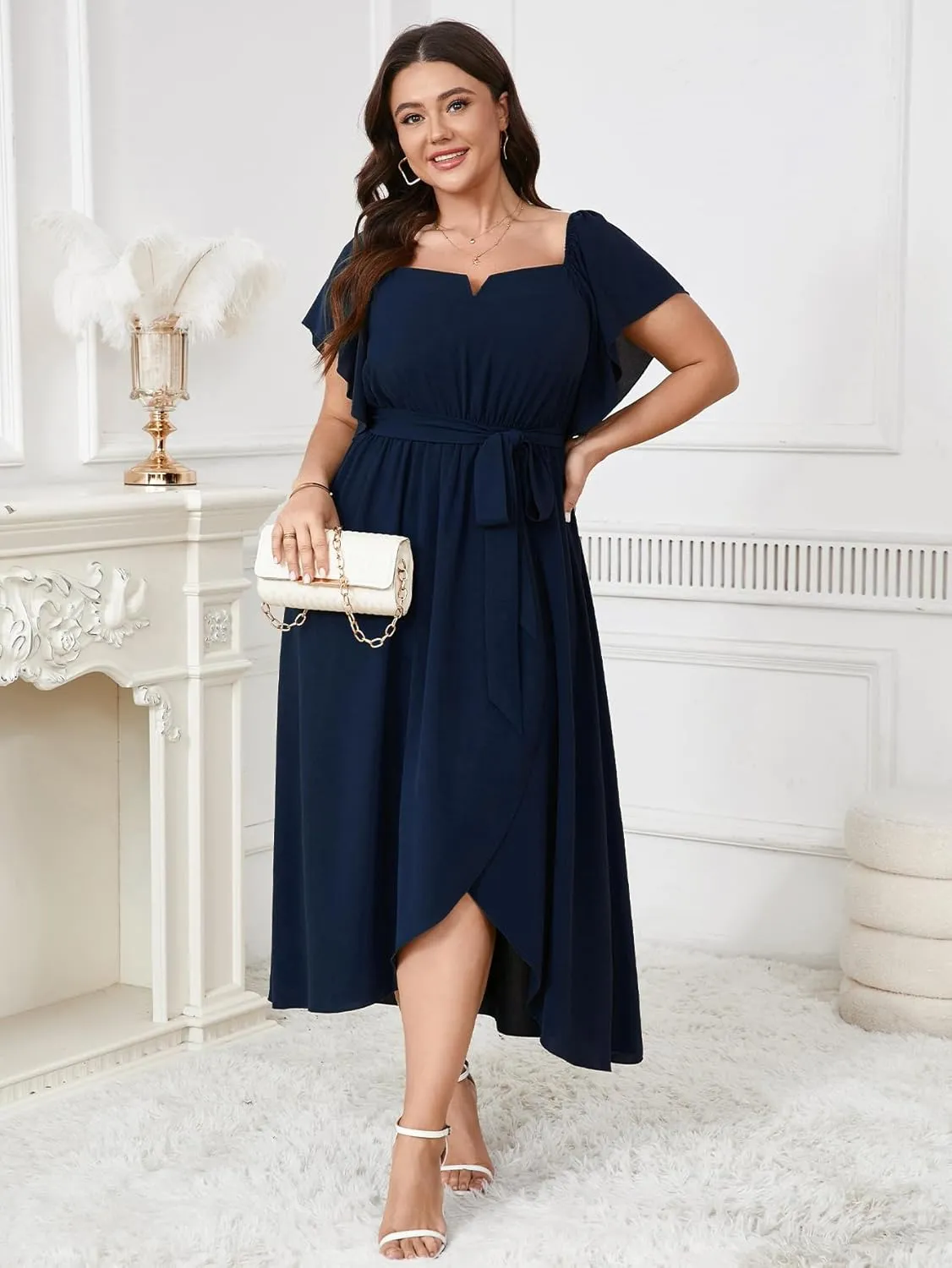 Women's Plus Size Maxi Dress Short Sleeve Square Neck Flowy A Line Wedding Guest Cocktail Long Dress