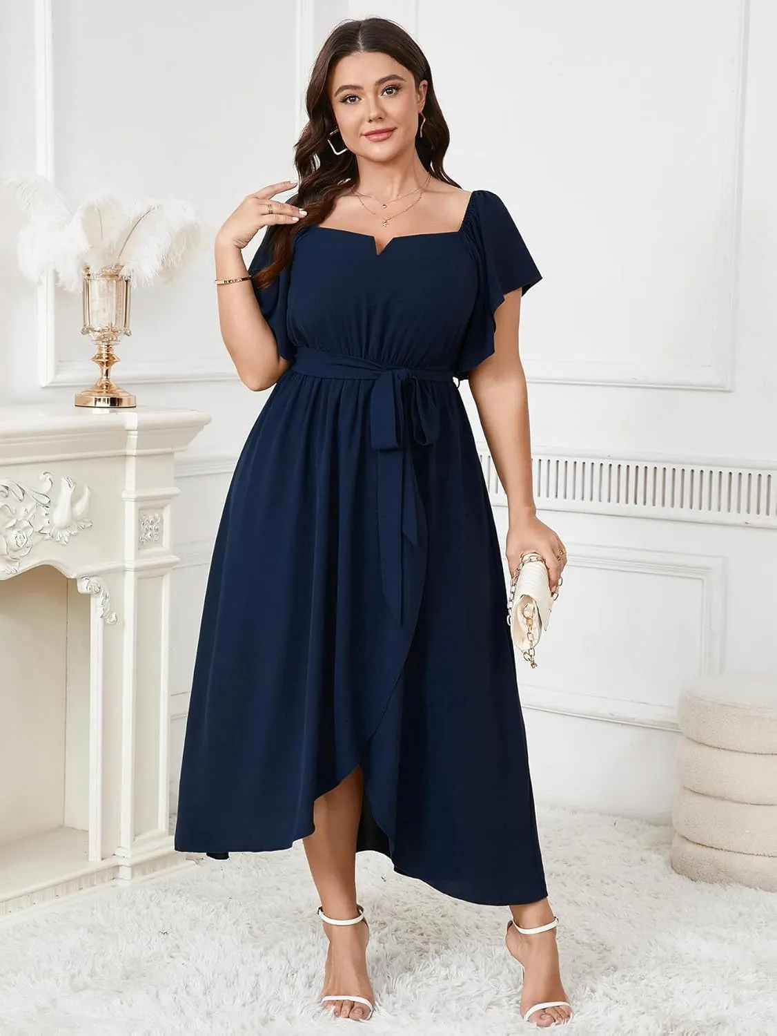 Women's Plus Size Maxi Dress Short Sleeve Square Neck Flowy A Line Wedding Guest Cocktail Long Dress