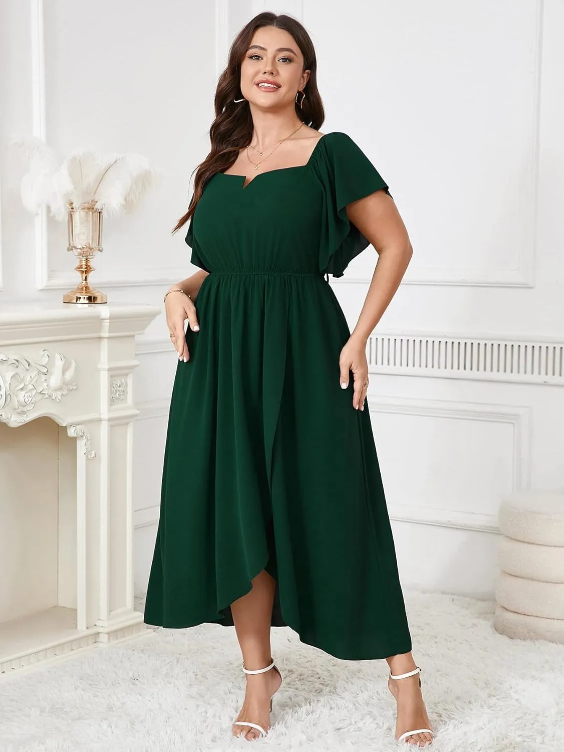 Women's Plus Size Maxi Dress Short Sleeve Square Neck Flowy A Line Wedding Guest Cocktail Long Dress