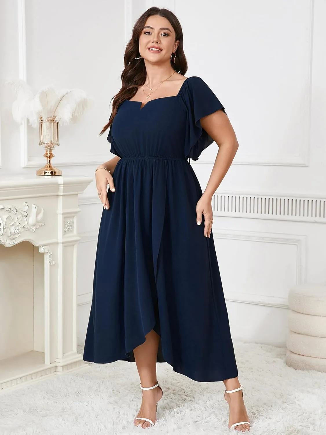 Women's Plus Size Maxi Dress Short Sleeve Square Neck Flowy A Line Wedding Guest Cocktail Long Dress