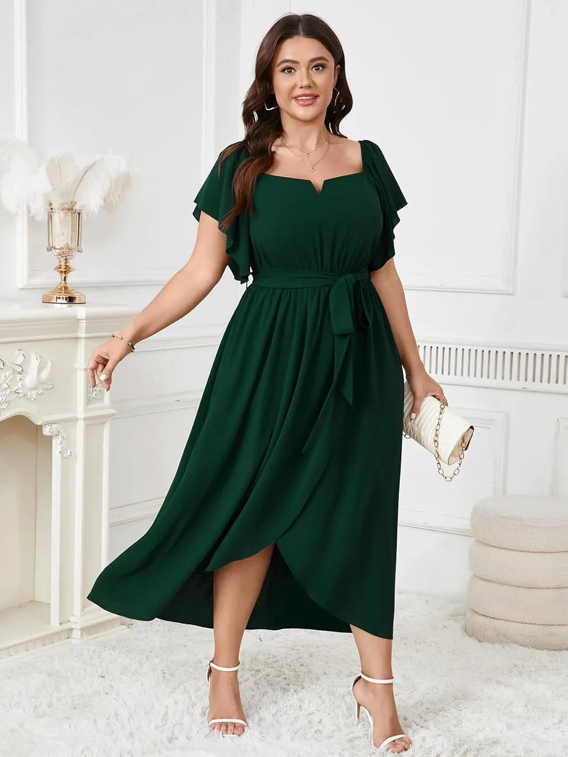 Women's Plus Size Maxi Dress Short Sleeve Square Neck Flowy A Line Wedding Guest Cocktail Long Dress