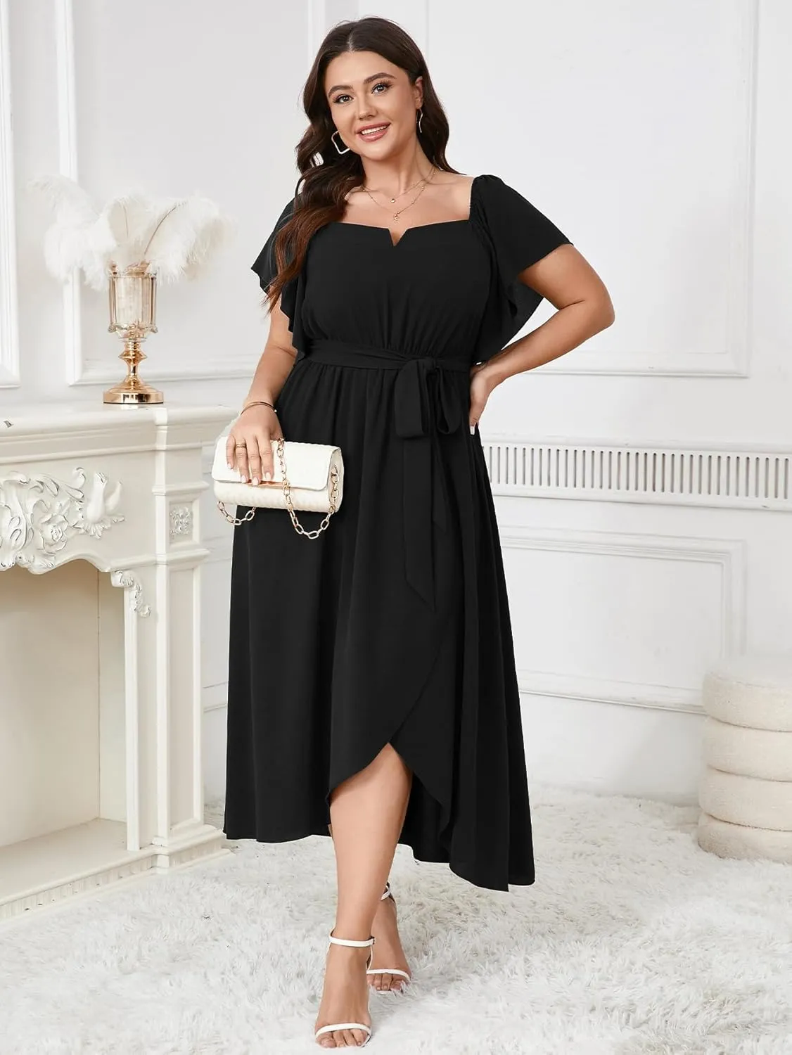 Women's Plus Size Maxi Dress Short Sleeve Square Neck Flowy A Line Wedding Guest Cocktail Long Dress