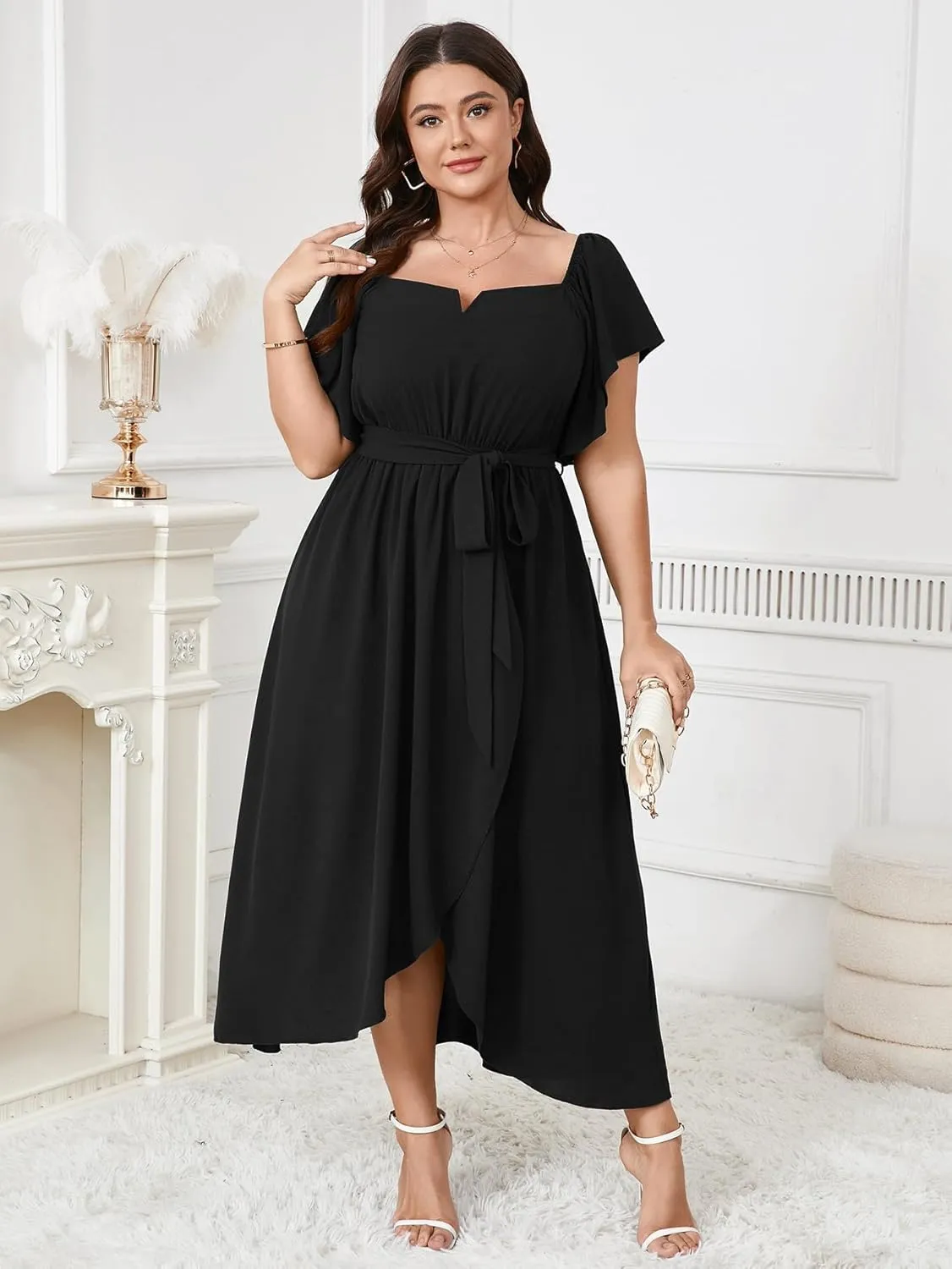Women's Plus Size Maxi Dress Short Sleeve Square Neck Flowy A Line Wedding Guest Cocktail Long Dress