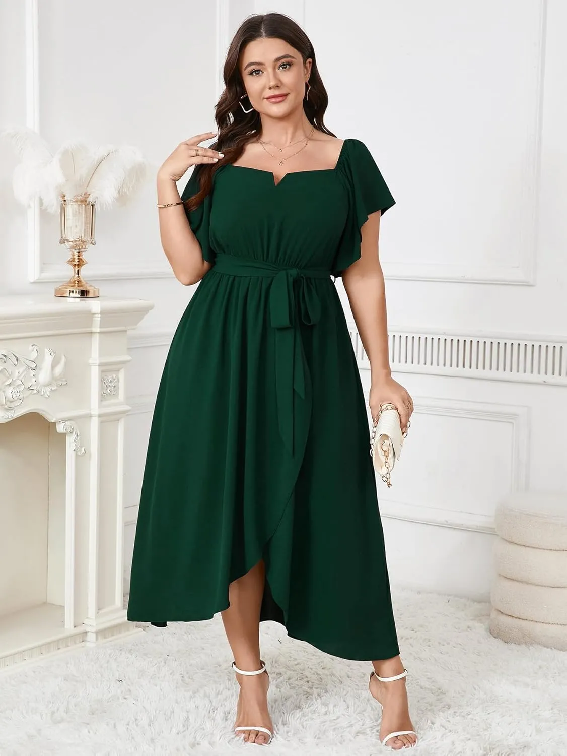 Women's Plus Size Maxi Dress Short Sleeve Square Neck Flowy A Line Wedding Guest Cocktail Long Dress