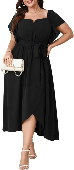 Women's Plus Size Maxi Dress Short Sleeve Square Neck Flowy A Line Wedding Guest Cocktail Long Dress