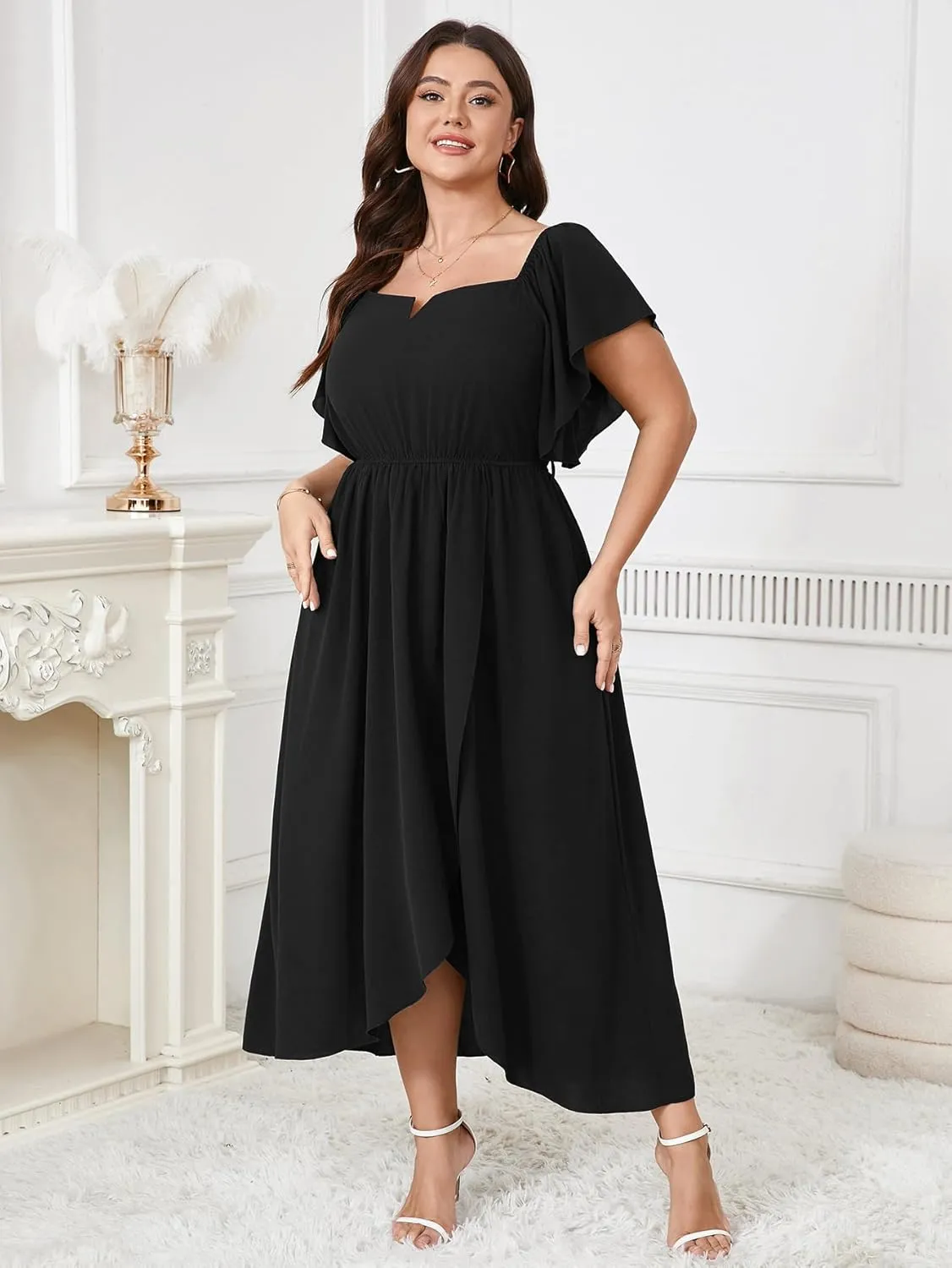 Women's Plus Size Maxi Dress Short Sleeve Square Neck Flowy A Line Wedding Guest Cocktail Long Dress