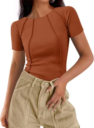 Womens Short Sleeve Tops Ribbed Crewneck Slim Fit T Shirts for Women 2025 Summer Business Casual Basic Tee Top
