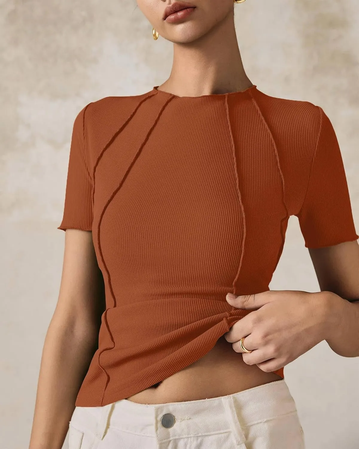 Womens Short Sleeve Tops Ribbed Crewneck Slim Fit T Shirts for Women 2025 Summer Business Casual Basic Tee Top
