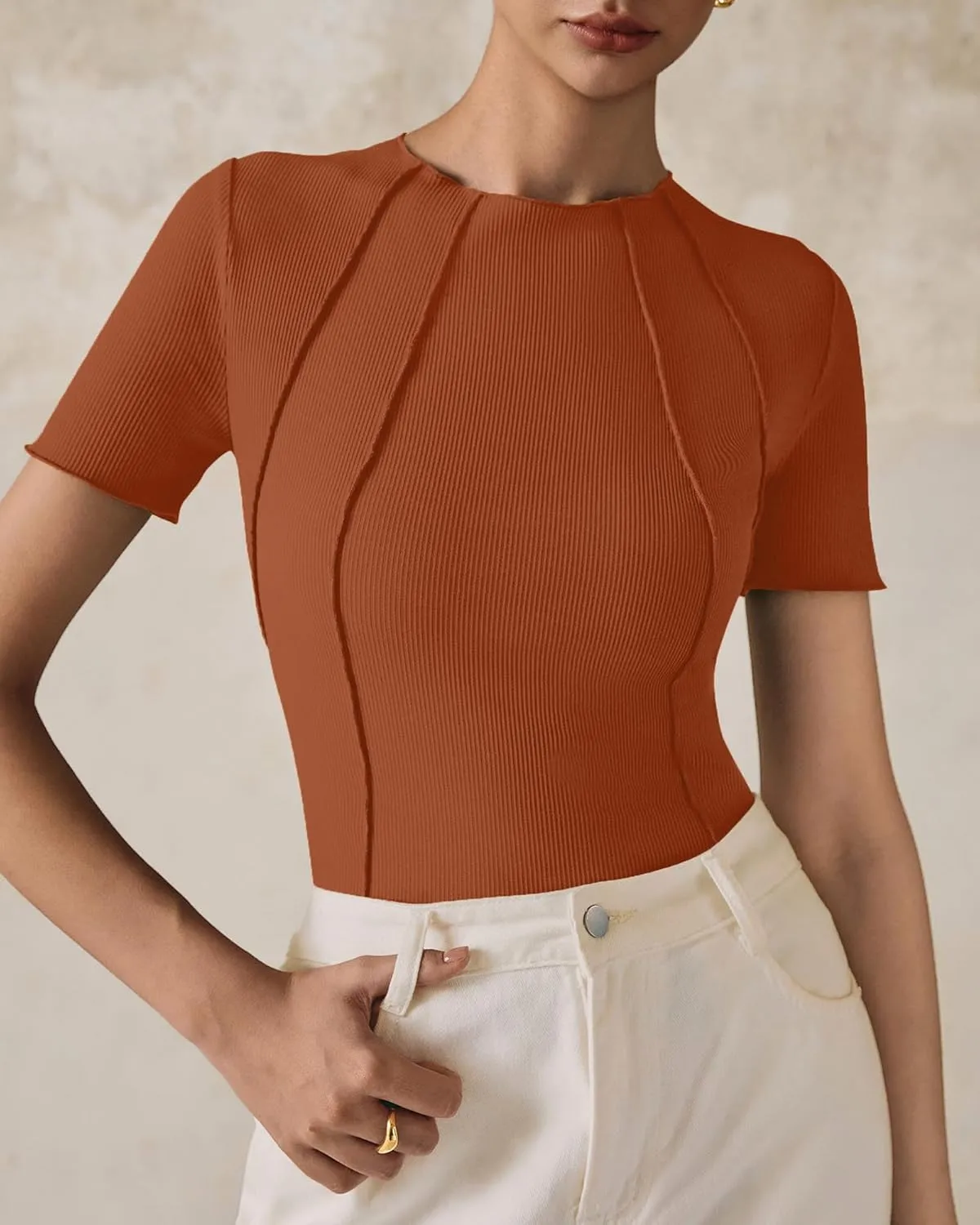 Womens Short Sleeve Tops Ribbed Crewneck Slim Fit T Shirts for Women 2025 Summer Business Casual Basic Tee Top